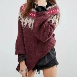 Free People Baltic Sweater Women's Berry Fair Isle Oversized Wool Blend Knit